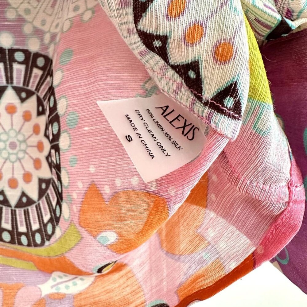ALEXIS Pink Multi Paisley Floral Linen Silk Long Sleeve Button Up Shirt Size S - Picture 7 of 7